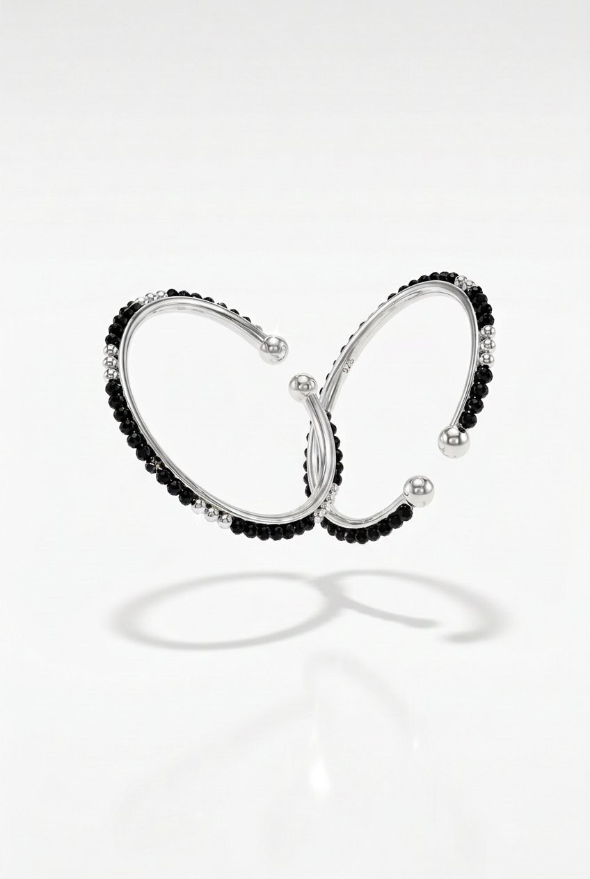 925 Sterling Silver Kids Bangle Pair – Faceted Black Bead with Spaced Silver Accents – 14.82 g