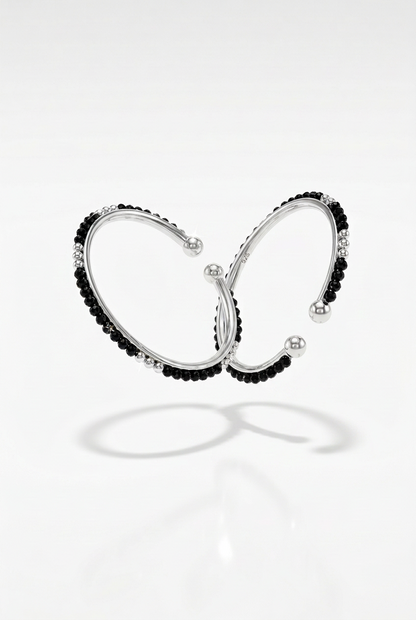 925 Sterling Silver Kids Bangle Pair – Faceted Black Bead with Spaced Silver Accents – 14.82 g