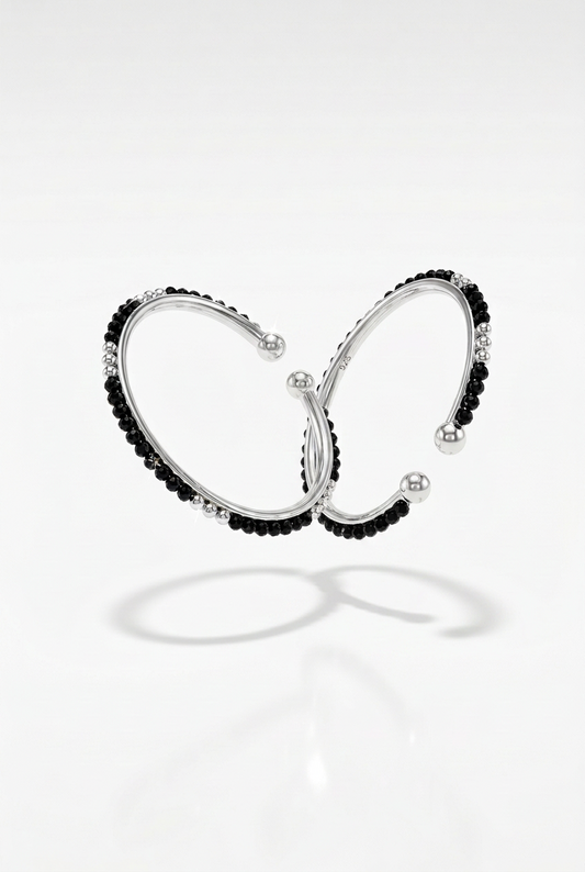 925 Sterling Silver Kids Bangle Pair – Faceted Black Bead with Spaced Silver Accents – 14.82 g