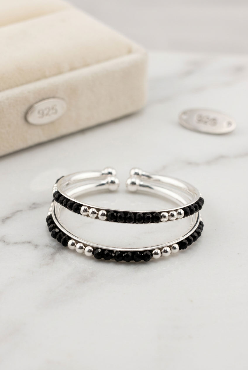 925 Sterling Silver Kids Bangle Pair – Faceted Black Bead with Spaced Silver Accents – 14.82 g