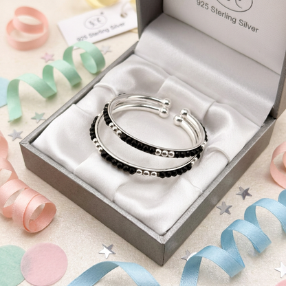 925 Sterling Silver Kids Bangle Pair – Faceted Black Bead with Spaced Silver Accents – 14.82 g