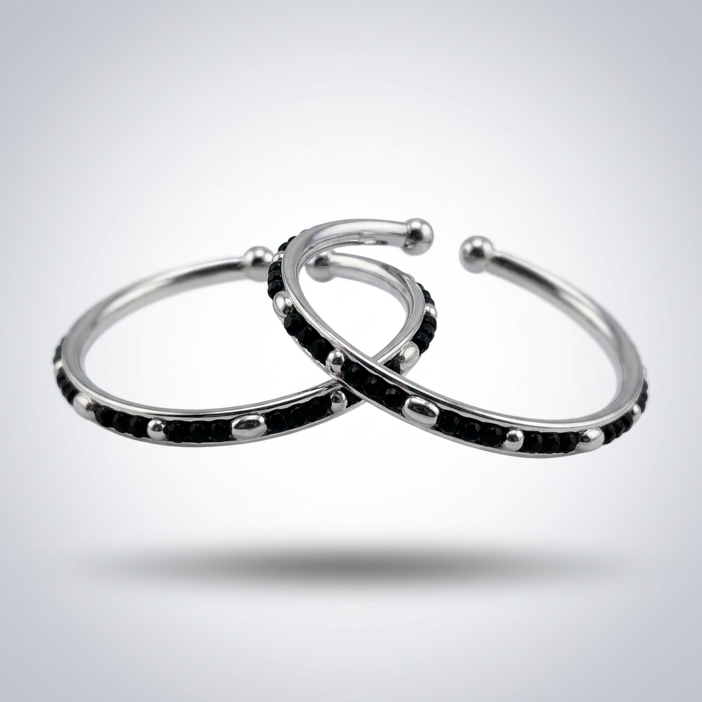 925 Sterling Silver Kids Bangle Pair – Black Bead & Silver Accent Open Design – 16 g