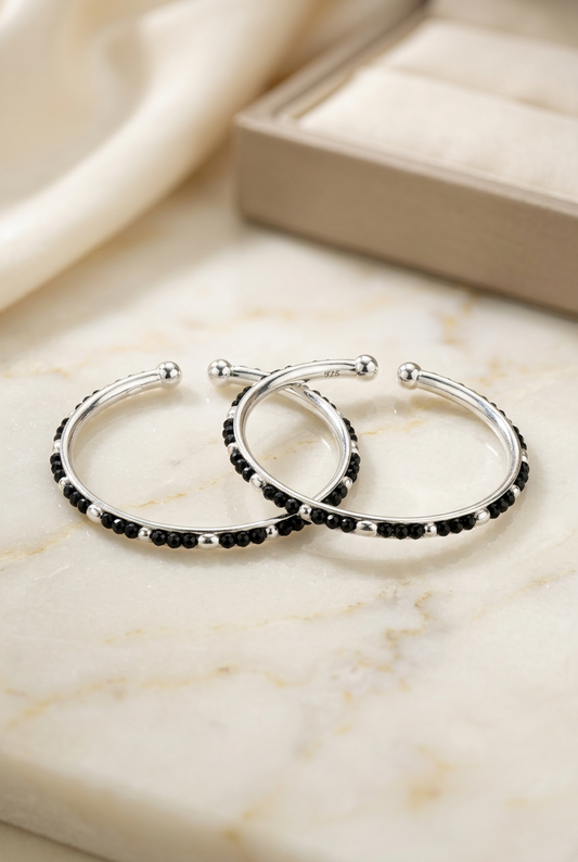 925 Sterling Silver Kids Bangle Pair – Black Bead & Silver Accent Open Design – 16 g
