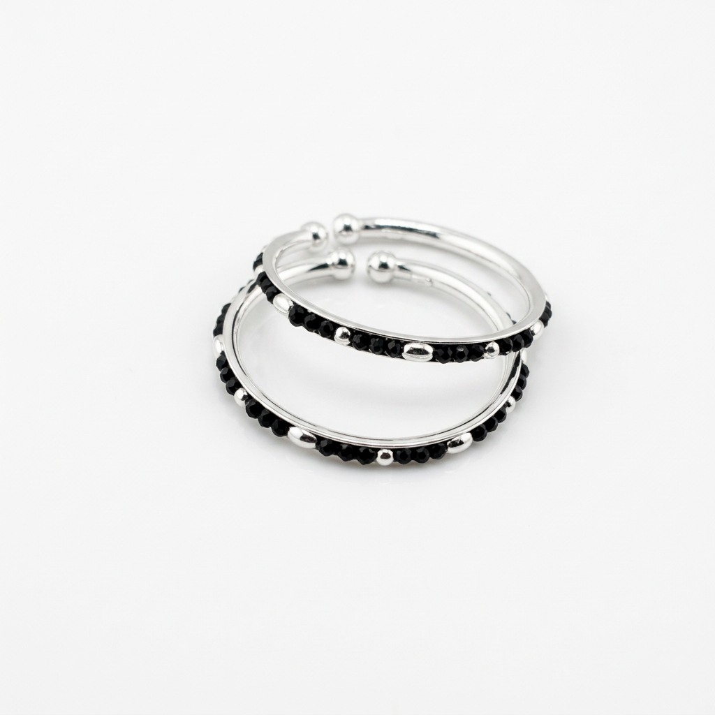 925 Sterling Silver Kids Bangle Pair – Classic Black Bead & Silver Accent Open Design – 14.82 g