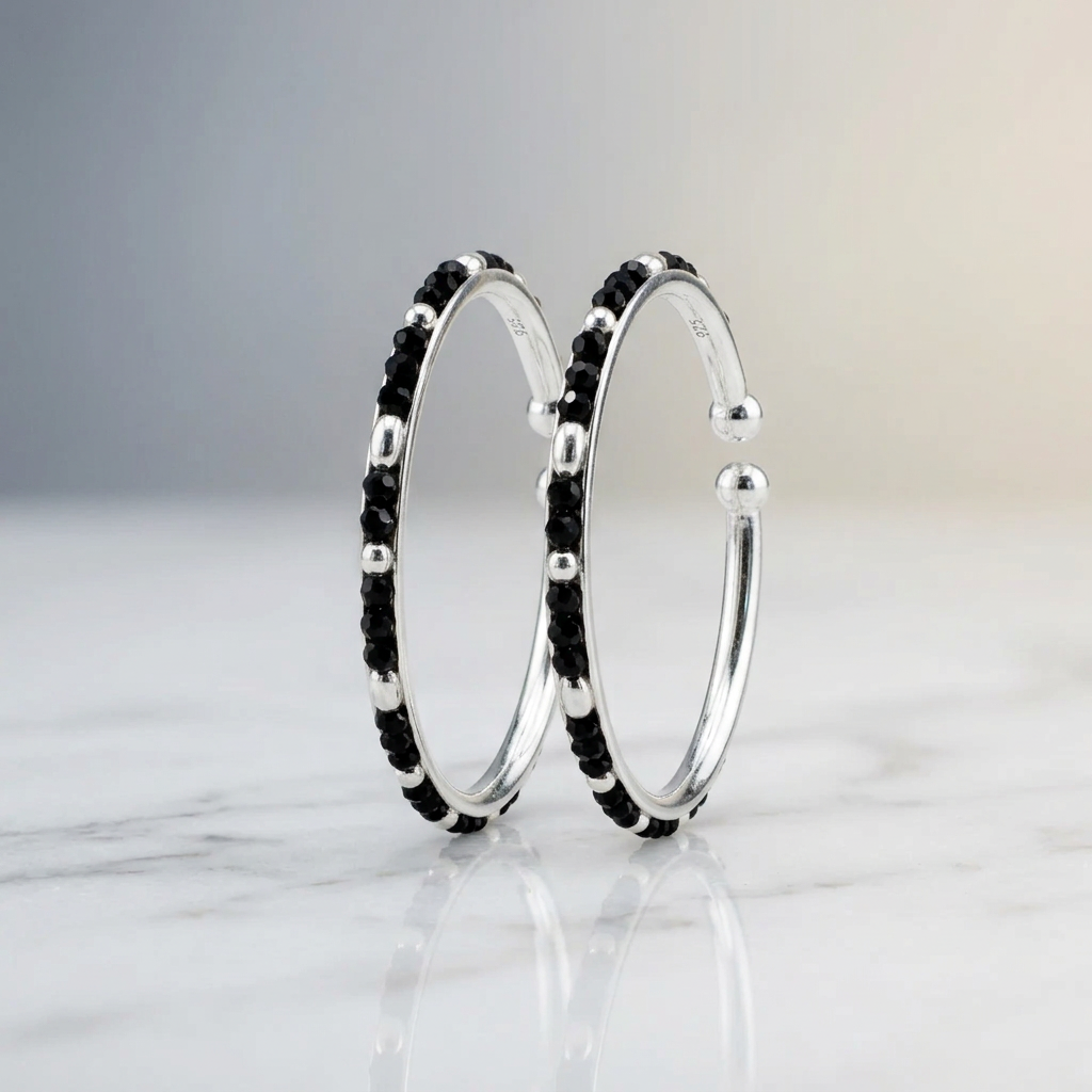 925 Sterling Silver Kids Bangle Pair – Classic Black Bead & Silver Accent Open Design – 14.82 g