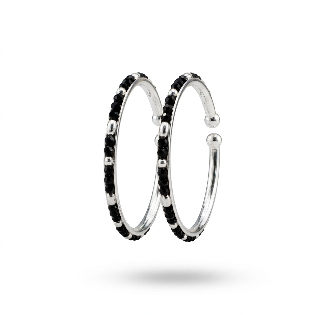925 Sterling Silver Kids Bangle Pair – Classic Black Bead & Silver Accent Open Design – 14.82 g