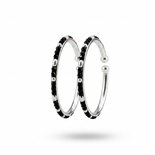 925 Sterling Silver Kids Bangle Pair – Classic Black Bead & Silver Accent Open Design – 14.82 g