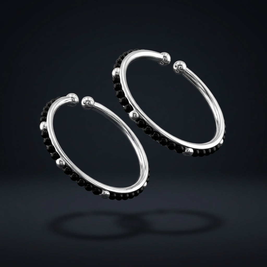 925 Sterling Silver Kids Bangle Pair – Black Stone Bead & Ball-End Design