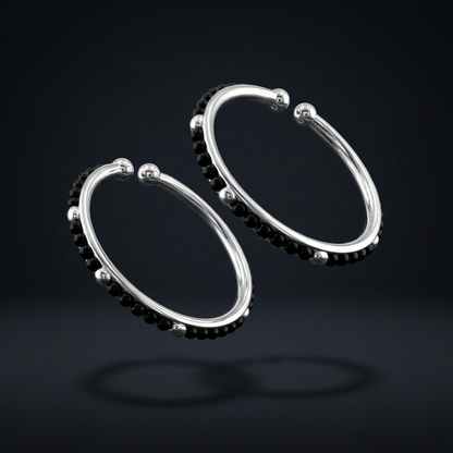925 Sterling Silver Kids Bangle Pair – Black Stone Bead & Ball-End Design