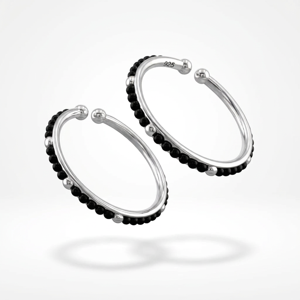 925 Sterling Silver Kids Bangle Pair – Black Stone Bead & Ball-End Design