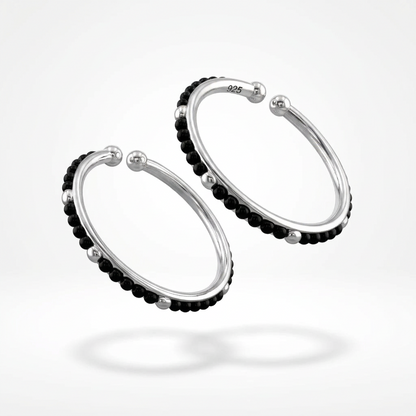 925 Sterling Silver Kids Bangle Pair – Black Stone Bead & Ball-End Design