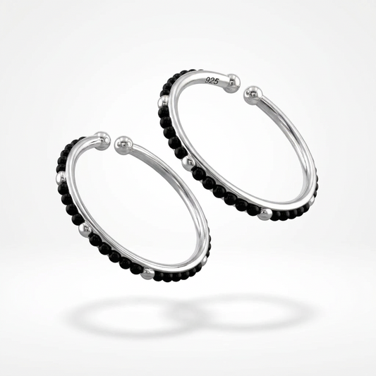 925 Sterling Silver Kids Bangle Pair – Black Stone Bead & Ball-End Design