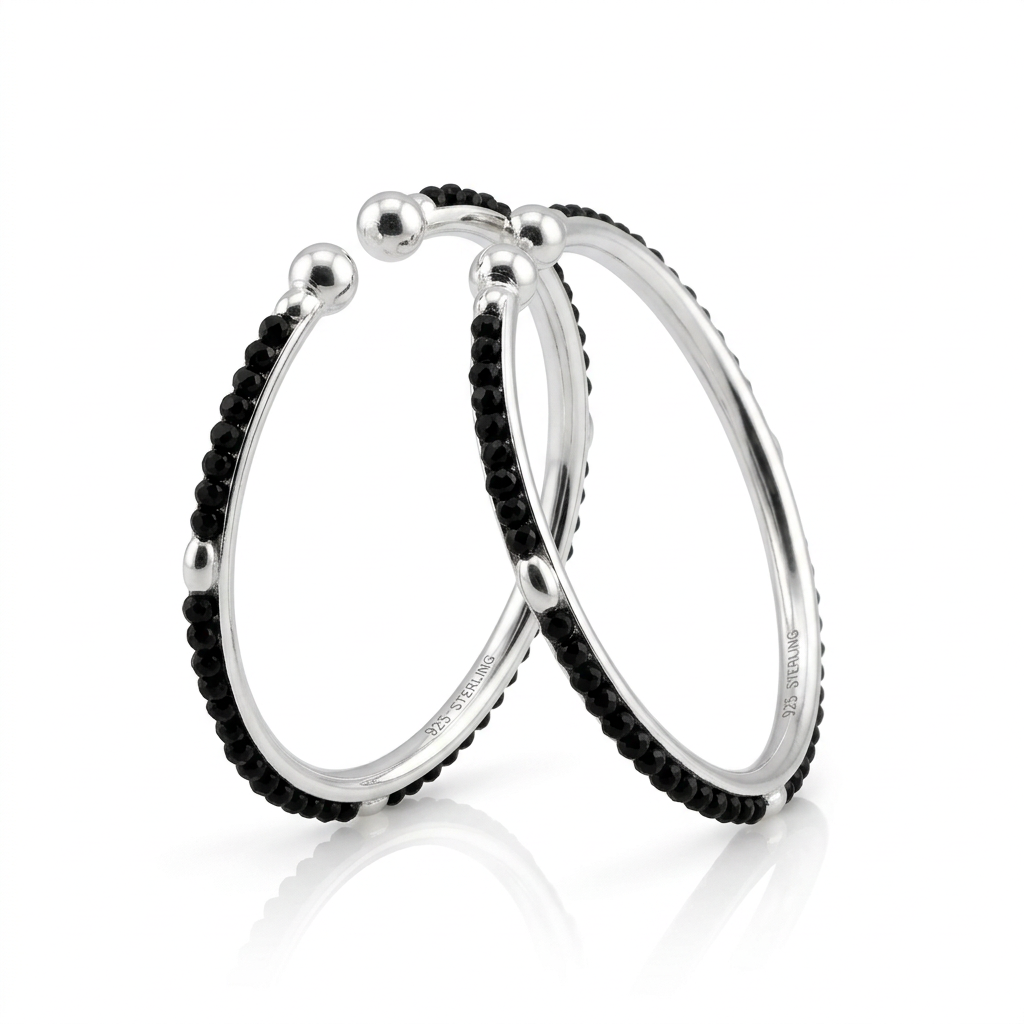 925 Sterling Silver Kids Bangle Pair – Black Stone Bead & Ball-End Design