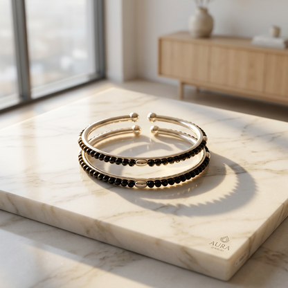 925 Sterling Silver Kids’ Black-Bead Bangle Pair – 15.27g-49MM