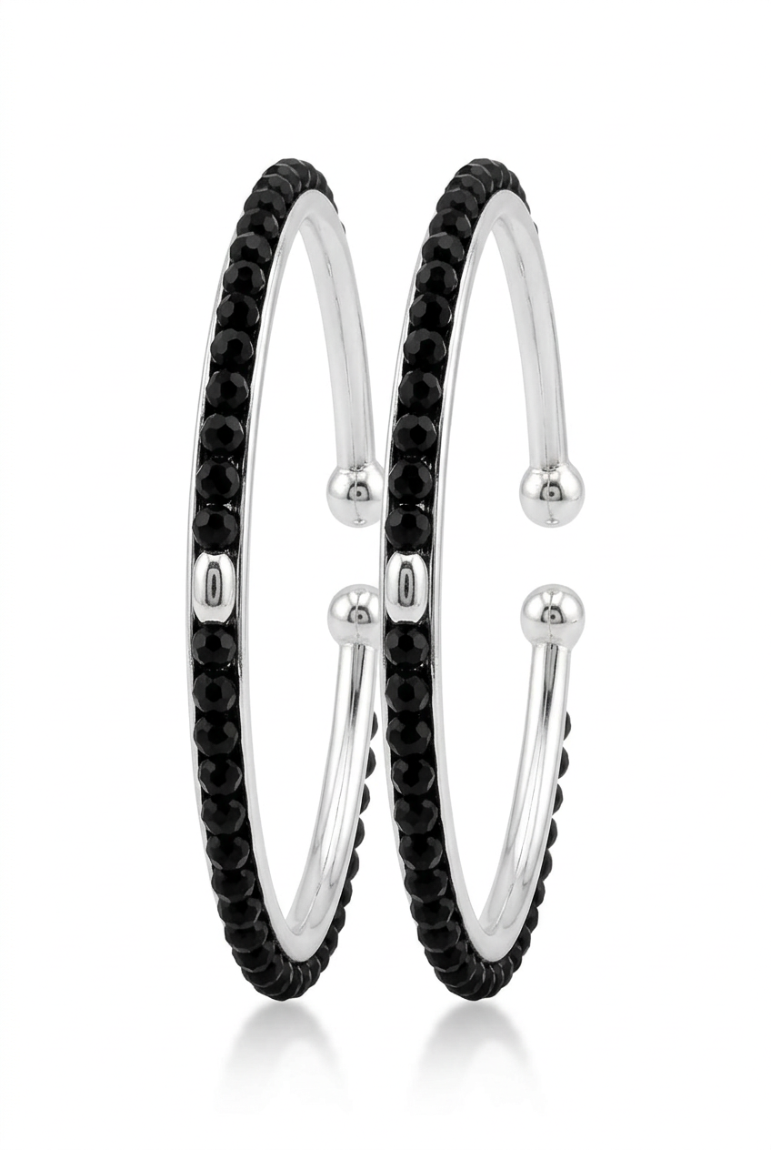 925 Sterling Silver Kids’ Black-Bead Bangle Pair – 15.27g-49MM