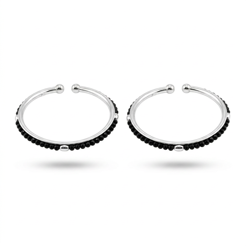 925 Sterling Silver Kids’ Black-Bead Bangle Pair – 15.27g-49MM