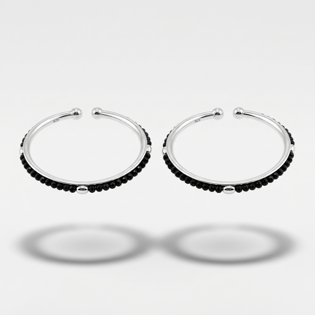 925 Sterling Silver Kids’ Black-Bead Bangle Pair – 15.27g-49MM