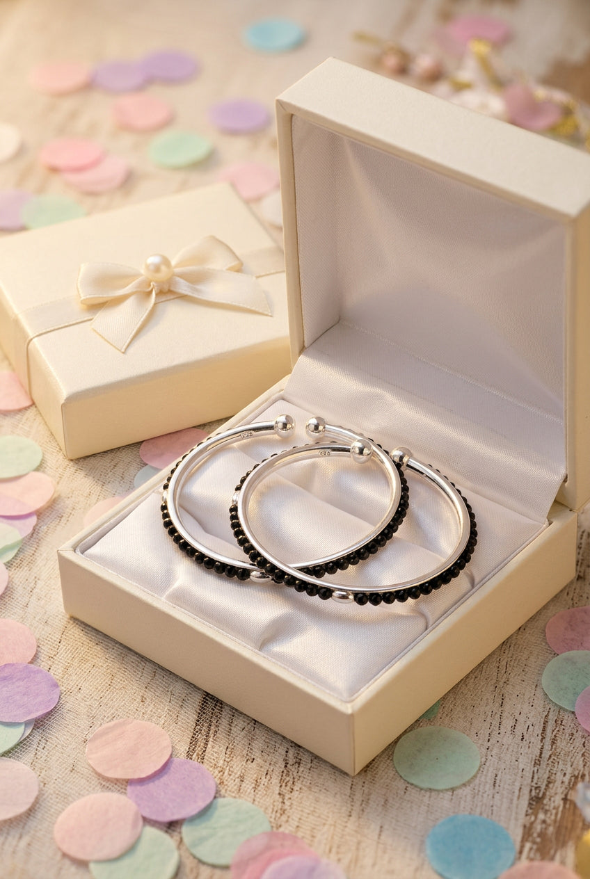 925 Sterling Silver Kids' Black-Bead Bangle Pair 15.27g