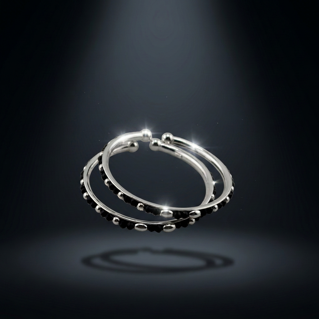 925 Sterling Silver Kids Black Bead Bangle Pair – 16.09g-44mm