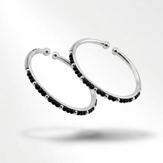 925 Sterling Silver Open end Kids Black Bead Bangle Pair – 18.4g