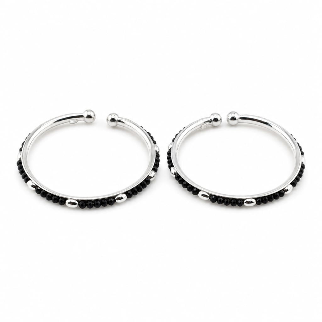 925 Sterling Silver Kids Black-Bead Open Bangle Pair 16.09g