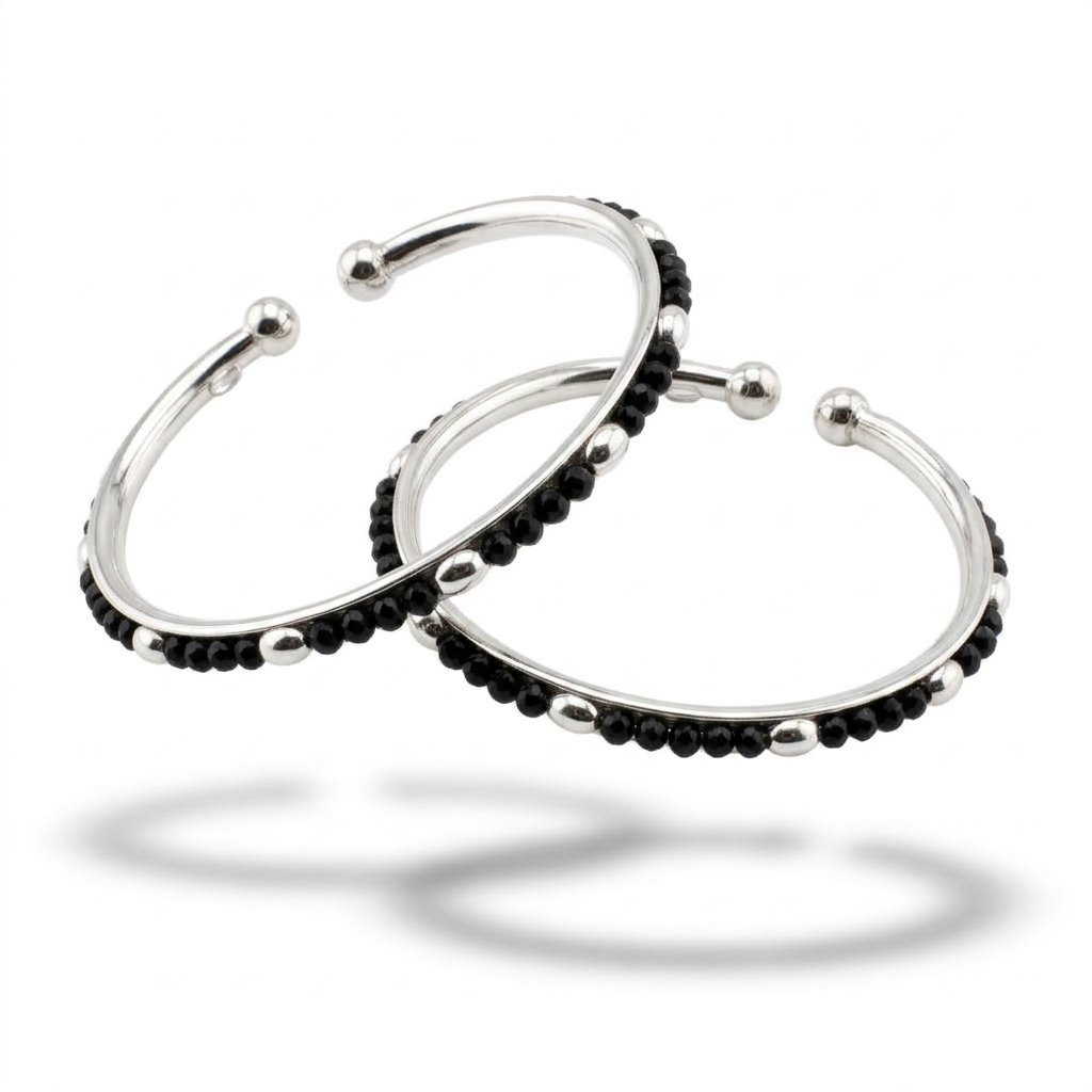 925 Sterling Silver Kids Black-Bead Open Bangle Pair – 16.09g-44mm | 1-12