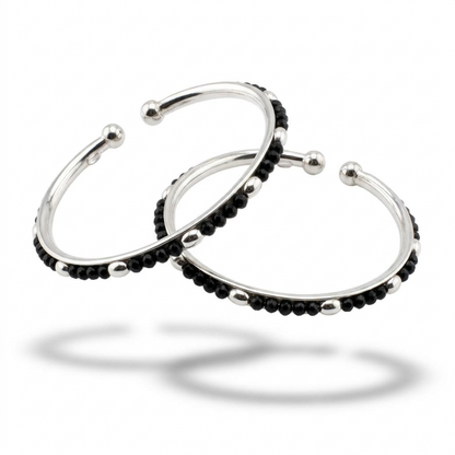 925 Sterling Silver Kids Black-Bead Open Bangle Pair – 16.09g-44mm | 1-12