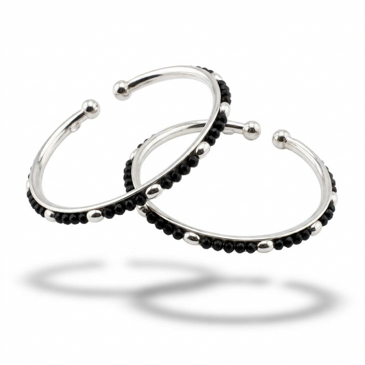925 Sterling Silver Kids Black-Bead Open Bangle Pair – 16.09g-44mm | 1-12