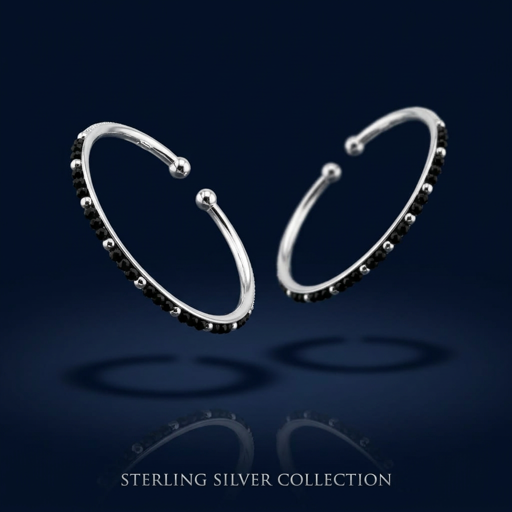 925 Sterling Silver Kids Black Bead Open Bangle Pair – 18.64g