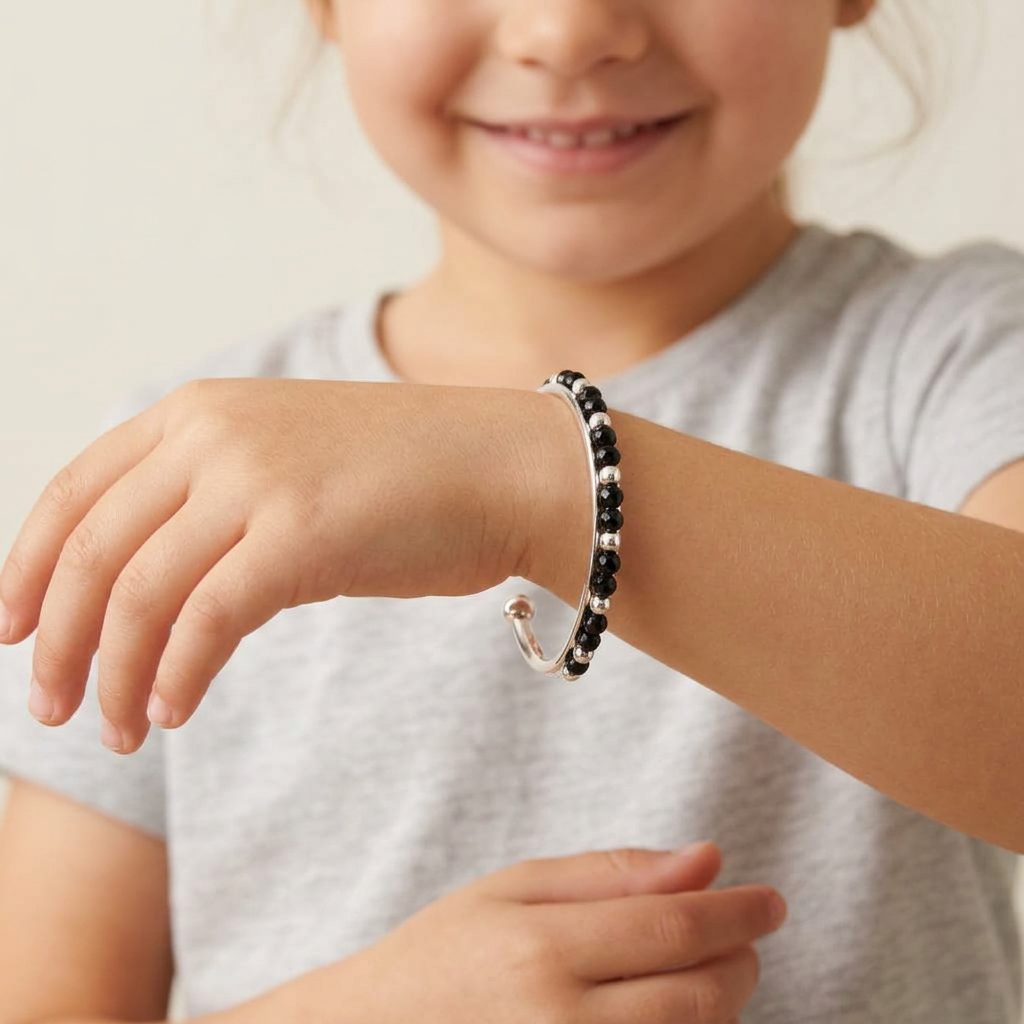 925 Sterling Silver Kids Black Bead Open Bangle Pair – 18.64g