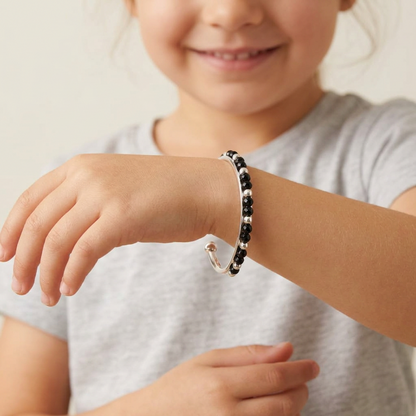 925 Sterling Silver Kids Black Bead Open Bangle Pair – 18.64g