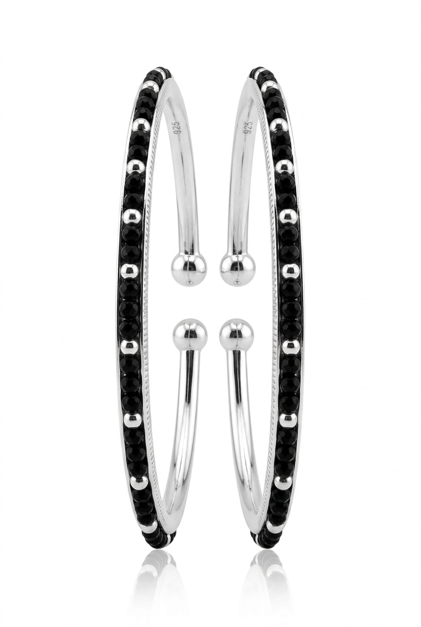 925 Sterling Silver Kids Black Bead Open Bangle Pair – 18.64g