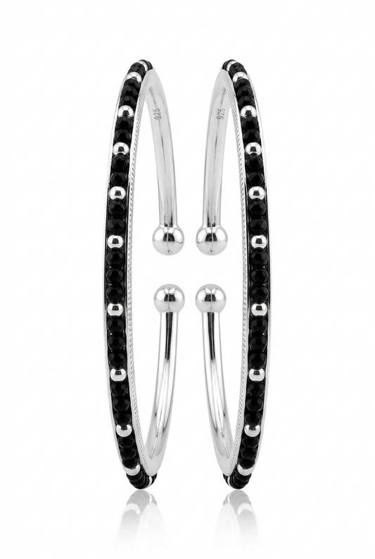 925 Sterling Silver Kids Black Bead Open Bangle Pair – 18.64g