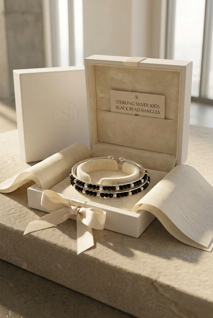 925 Sterling Silver Kids Black Bead Open Bangle Pair – 18.64g