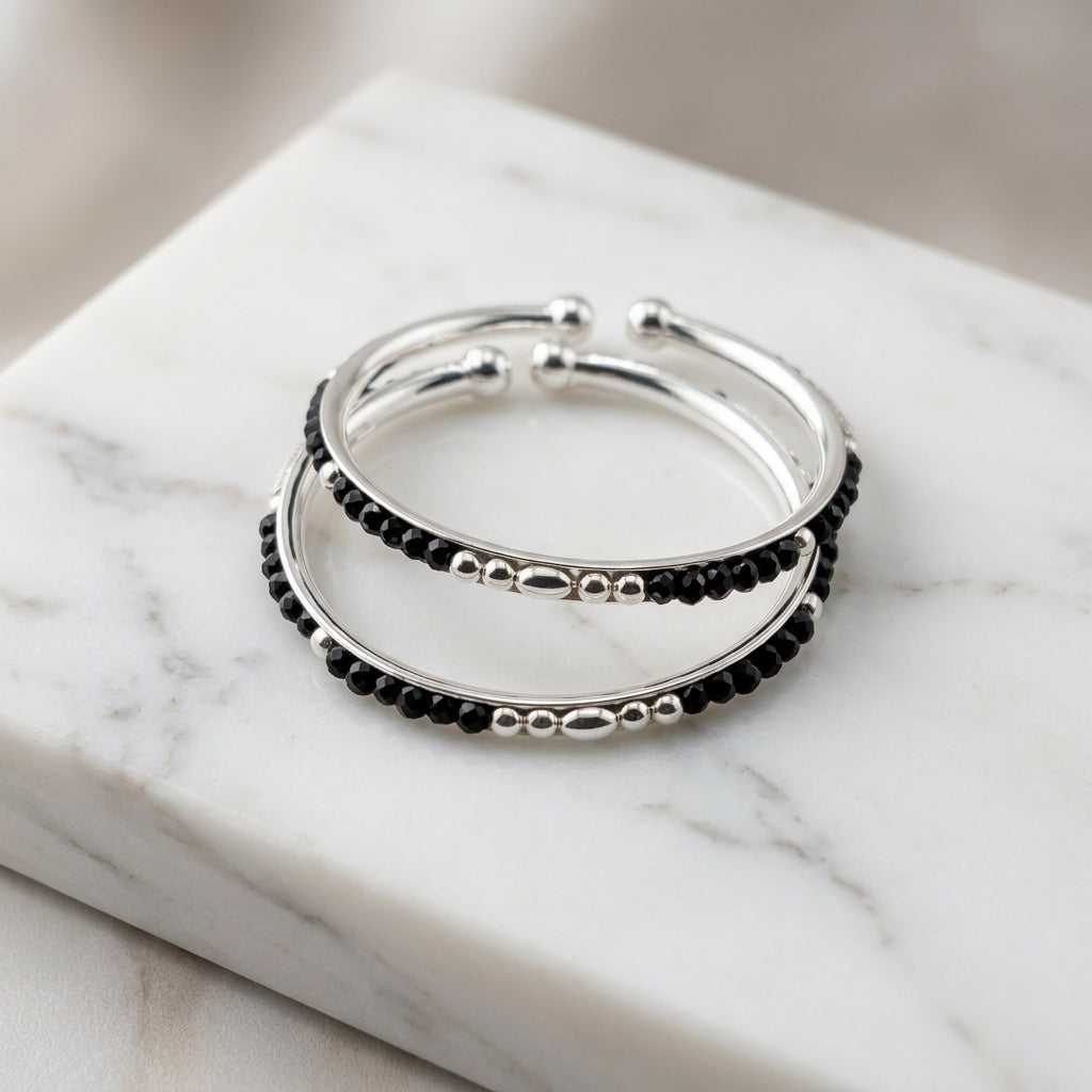 925 Sterling Silver Kids’ Black Bead Open Bangle Pair
