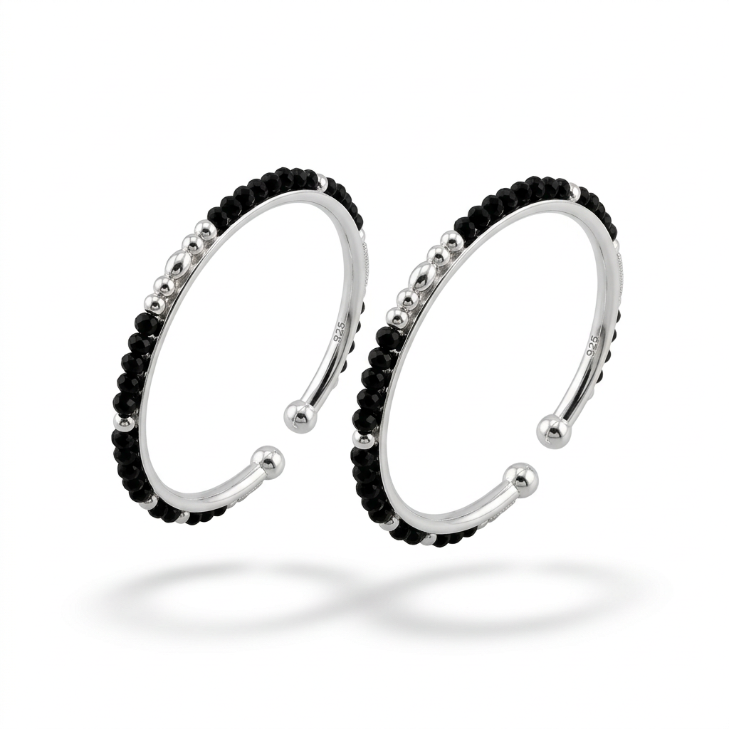 925 Sterling Silver Kids’ Black Bead Open Bangle Pair