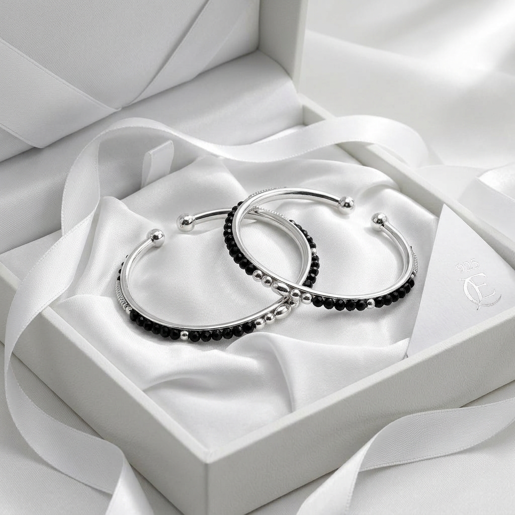 925 Sterling Silver Kids’ Black Bead Open Bangle Pair