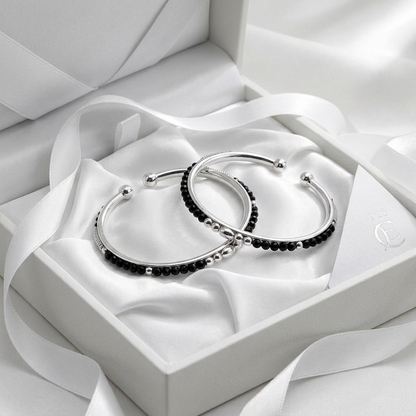925 Sterling Silver Kids’ Black Bead Open Bangle Pair