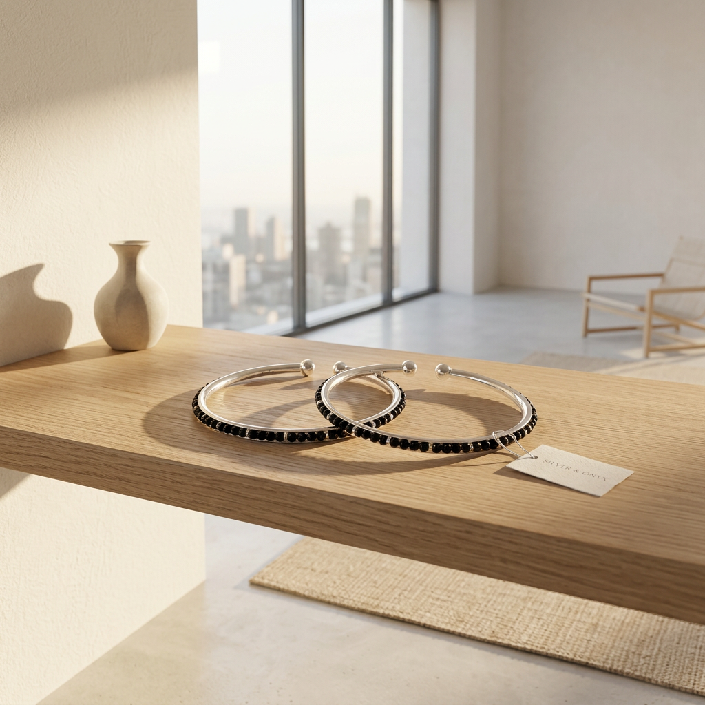 925 Sterling Silver Kids’ Black Stone Open Bangle Pair – 16.64g-49MM