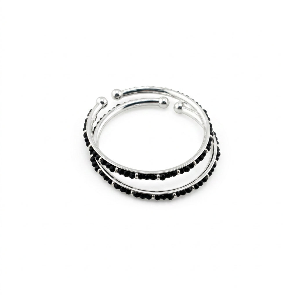 925 Sterling Silver Kids' Black Stone Open Bangle Pair 16.64g