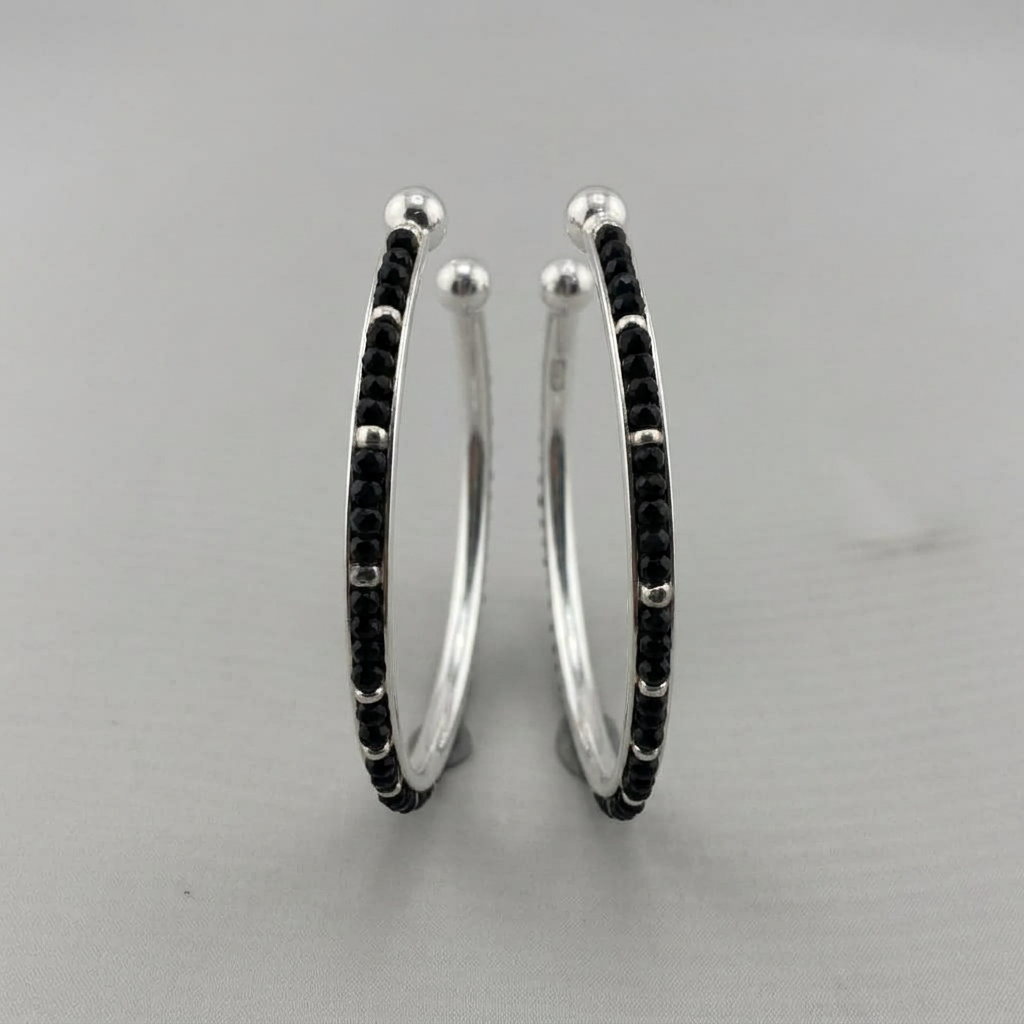 925 Sterling Silver Kids’ Black Stone Open Bangle Pair – 16.64g-49MM