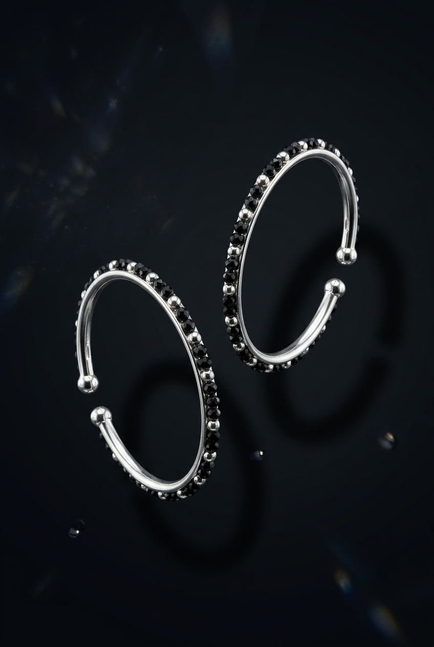 925 Sterling Silver Kids Black Stone Open Bangle Pair – 16.82g