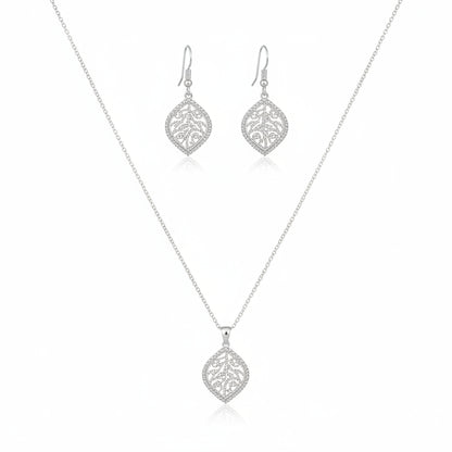 925 Sterling Silver Leaf Design Necklace and Drop Earrings