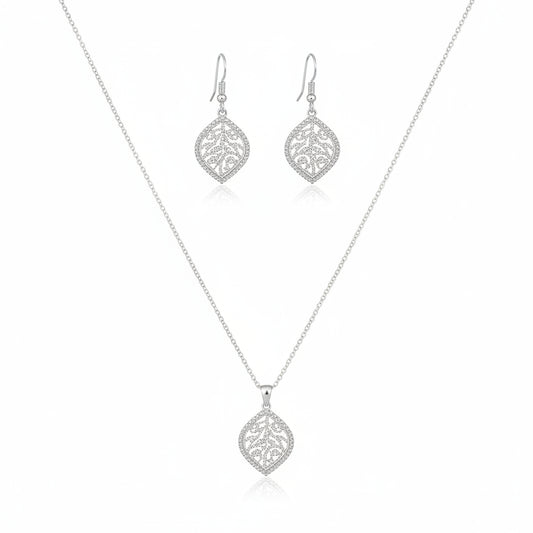 925 Sterling Silver Leaf Design Necklace and Drop Earrings