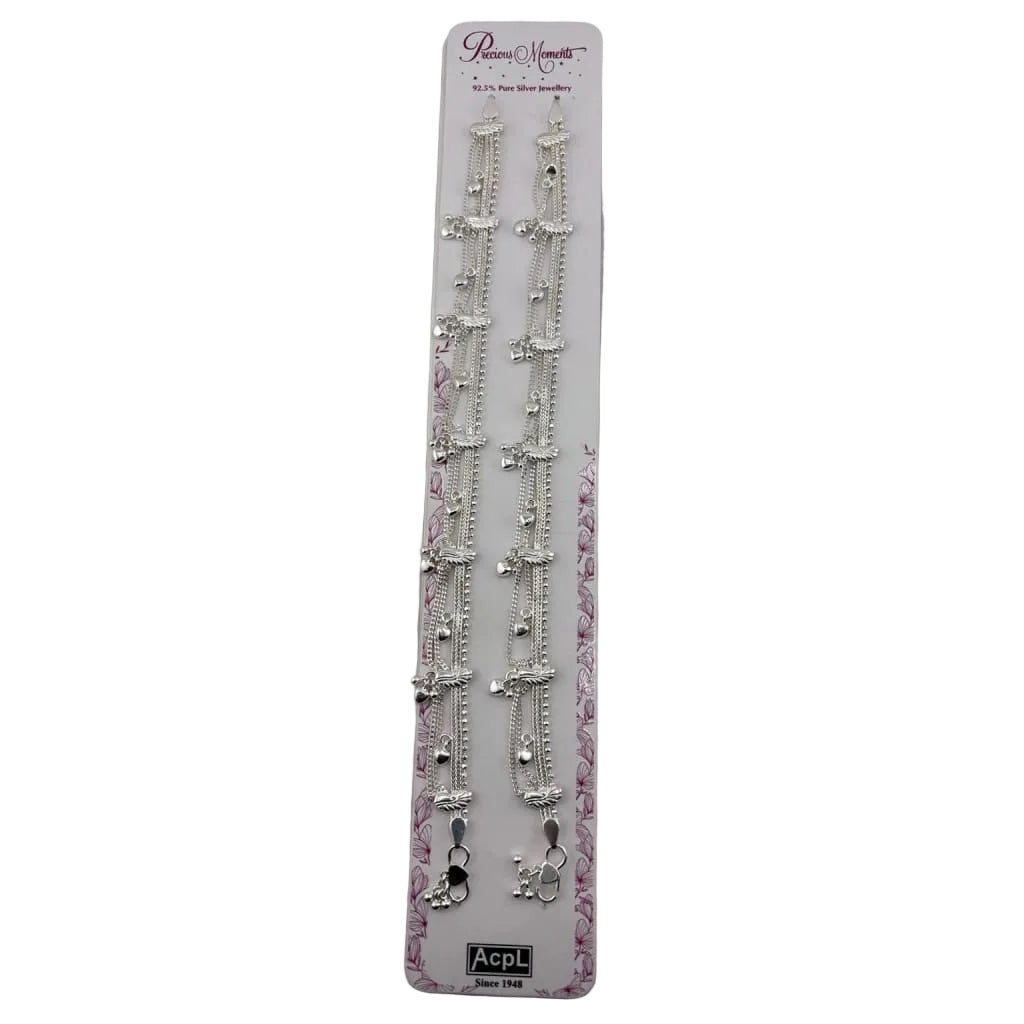 925 Sterling Silver Multi-Strand Heart Charm Anklet Pair 38g