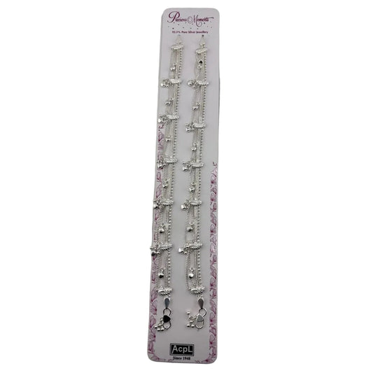 925 Sterling Silver Multi-Strand Heart Charm Anklet Pair 38g