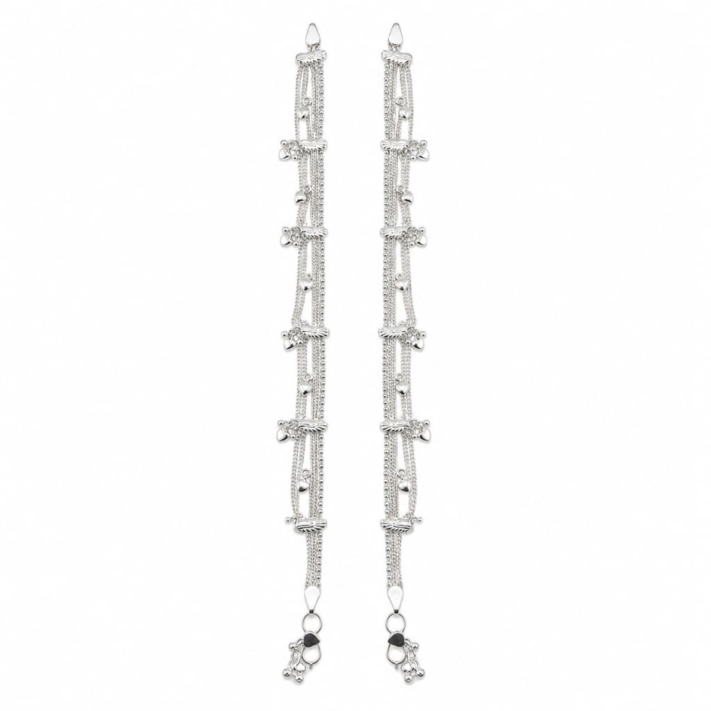 925 Sterling Silver Multi-Strand Heart Charm Anklet Pair 38g