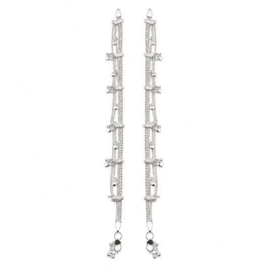 925 Sterling Silver Multi-Strand Heart Charm Anklet Pair 38g