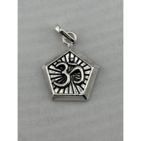 Load image into Gallery viewer, Original close-up of an oxidised silver Om pendant with pentagonal frame

