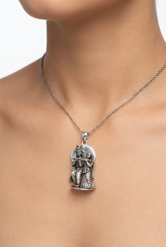 925 Sterling Silver Oxidised Radha Krishna Flute Pendant
